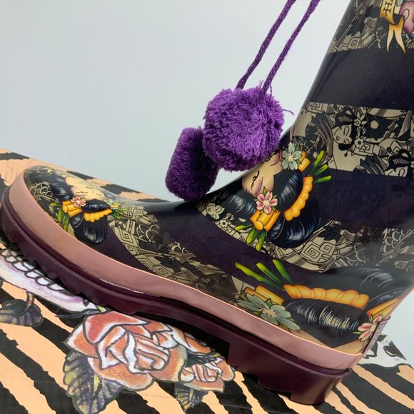 Women's Ed Hardy Pink Kiss of Death Rain Boots - Picture 2 of 5